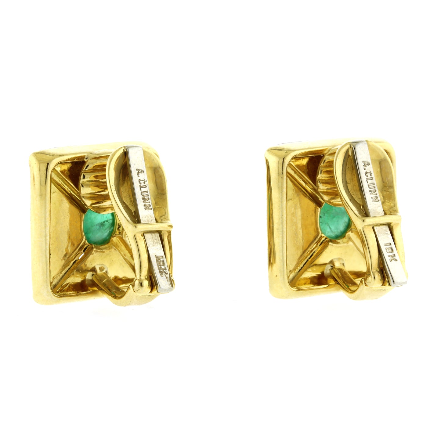 Andrew Clunn Square textured Gold Cabochon Emerald Ear Clips
