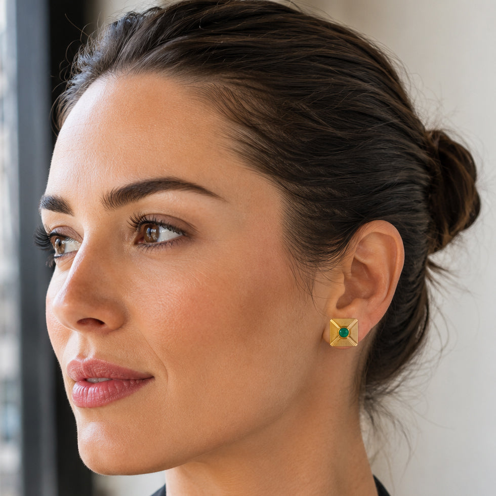 Andrew Clunn Square textured Gold Cabochon Emerald Ear Clips