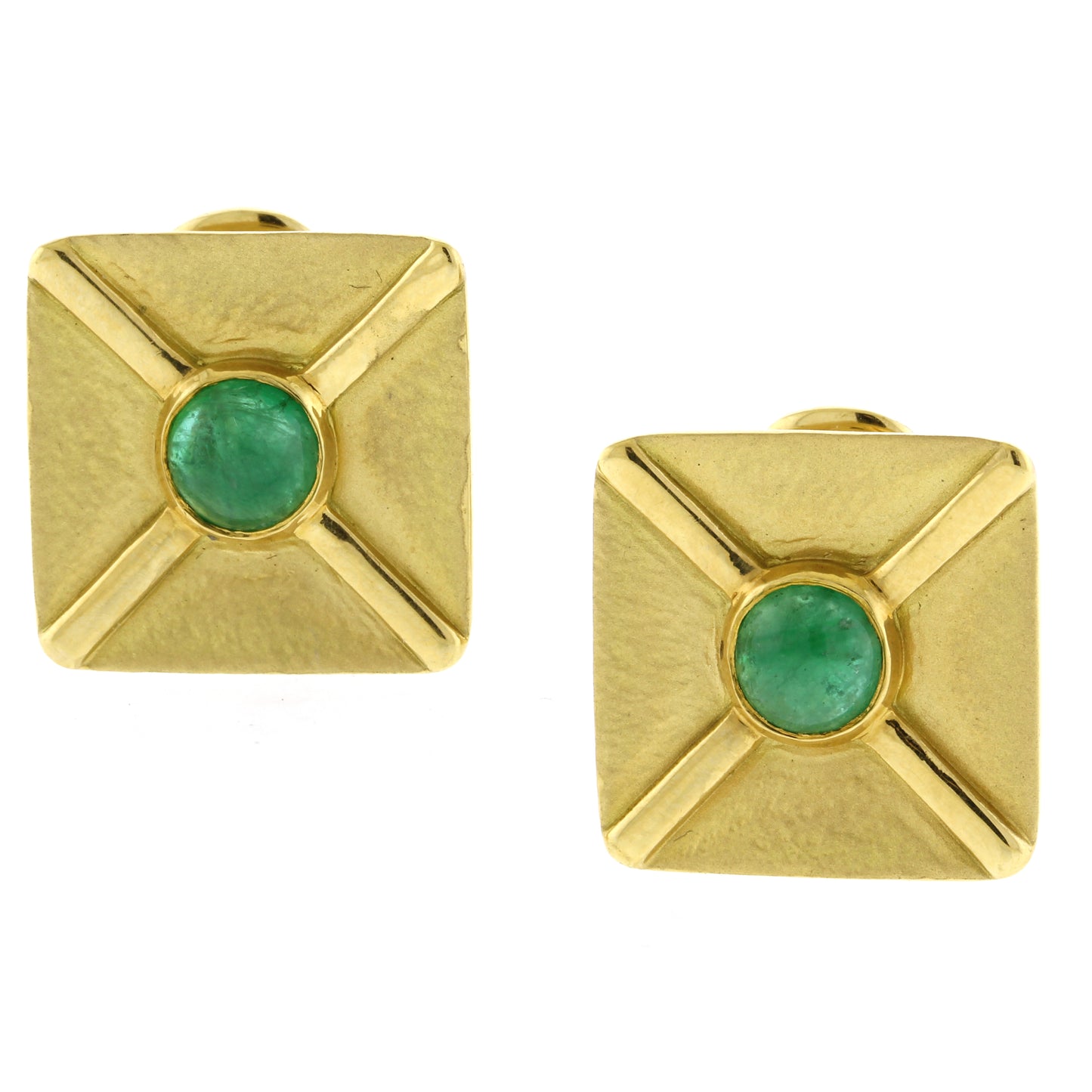 Andrew Clunn Square textured Gold Cabochon Emerald Ear Clips