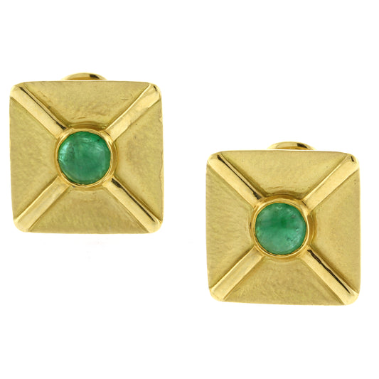 Andrew Clunn Square textured Gold Cabochon Emerald Ear Clips