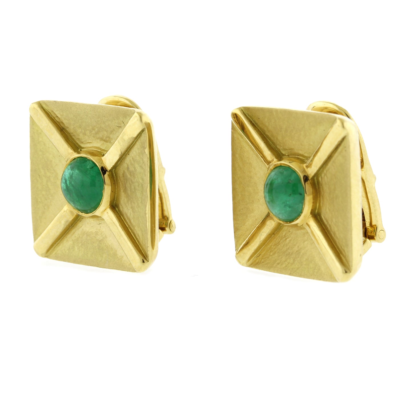 Andrew Clunn Square textured Gold Cabochon Emerald Ear Clips