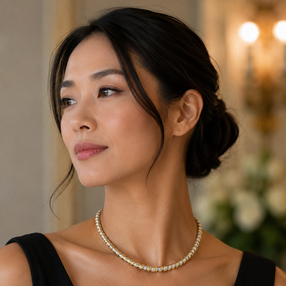 White and Yellow Gold Ribbed Collar Necklace